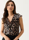 V Neck Leopard Printed Front Button Top